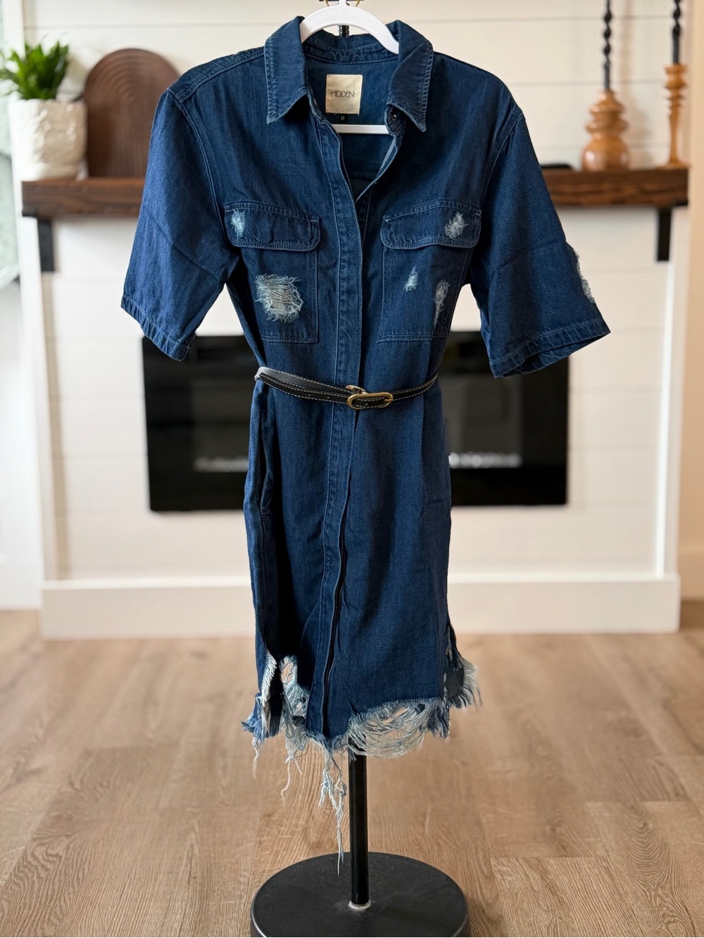 HIDDEN Dark Blue Distressed Denim Shirt Dress